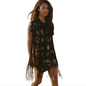 Agua Bendita Black Evelyn T-shirt Dress with Fringe Medium Boho Retro RARE NWT